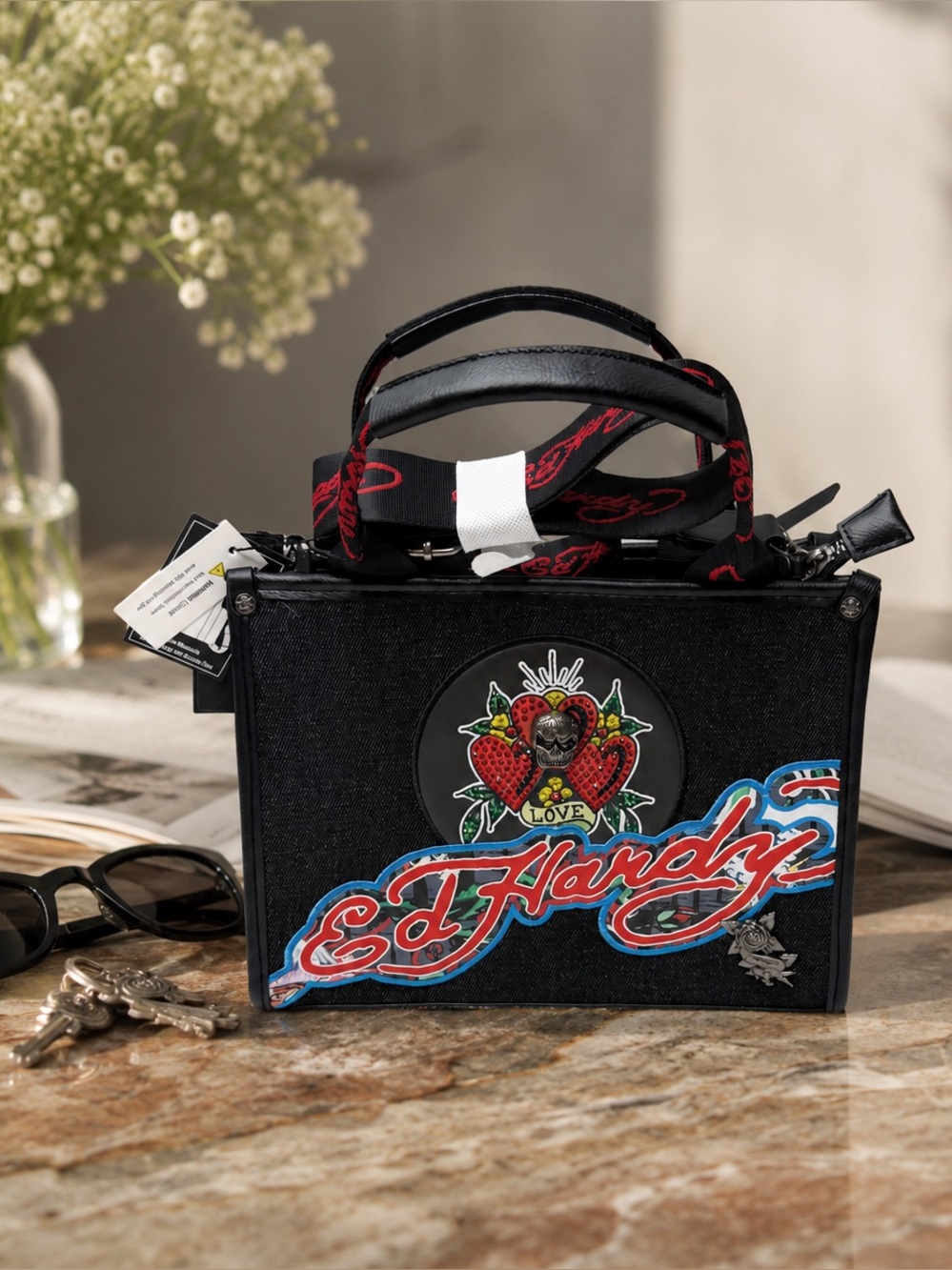 NWT Ed Hardy Mini Tote Purse Skull Heart Tattoo Y2K Crossbody Handbag